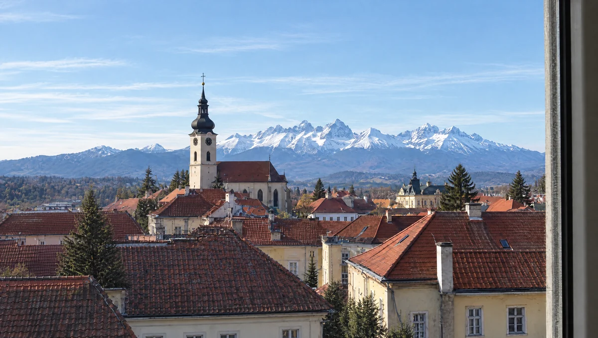 Výhľad z okna na strechy Kežmarku, vežu baziliky a Vysoké Tatry
